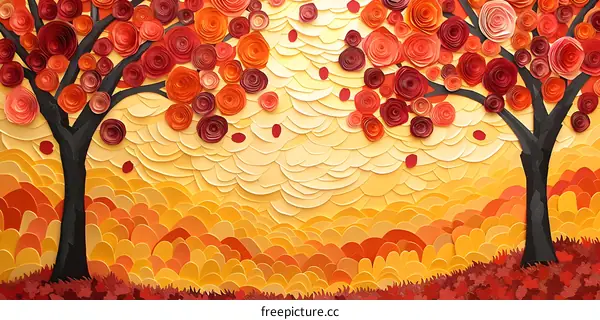 red flower petals and yellow leaves in quilling paper art style