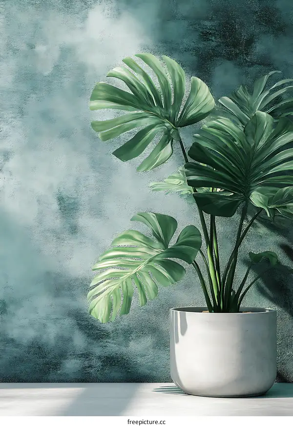 Green Monstera Plant in a Grey Pot Against a Teal Wall