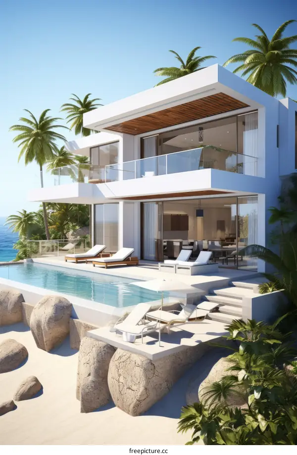 A stunning modern villa with a pool and ocean view