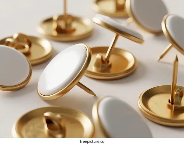 Close-up of golden buttons with white tops on white background