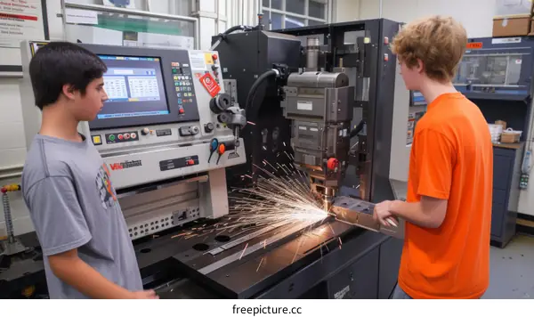 Two teenage boys watch as a laser cutter cuts through a metal sheet