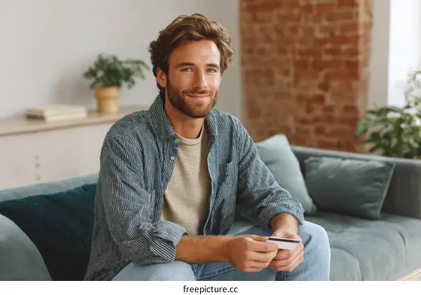 Smiling Caucasian Man Holding Credit Card at Home