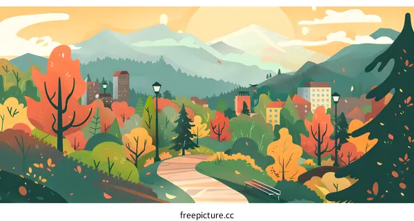 Autumn Landscape Illustration with Mountain and City