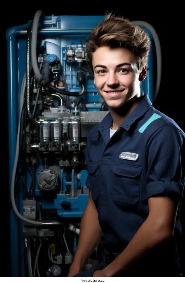 Portrait of a young male technician smiling in front of a complex machine