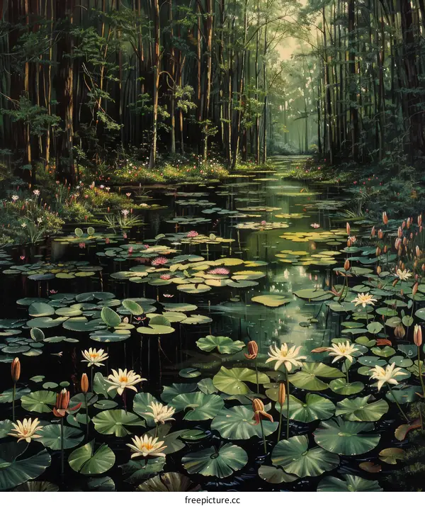 Tranquil Forest Pond with Water Lilies