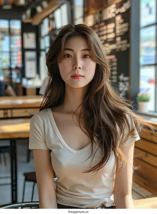 A beautiful Asian woman with long brown hair posing in a white shirt