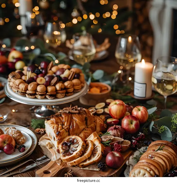 A table full of food and drinks for Christmas.