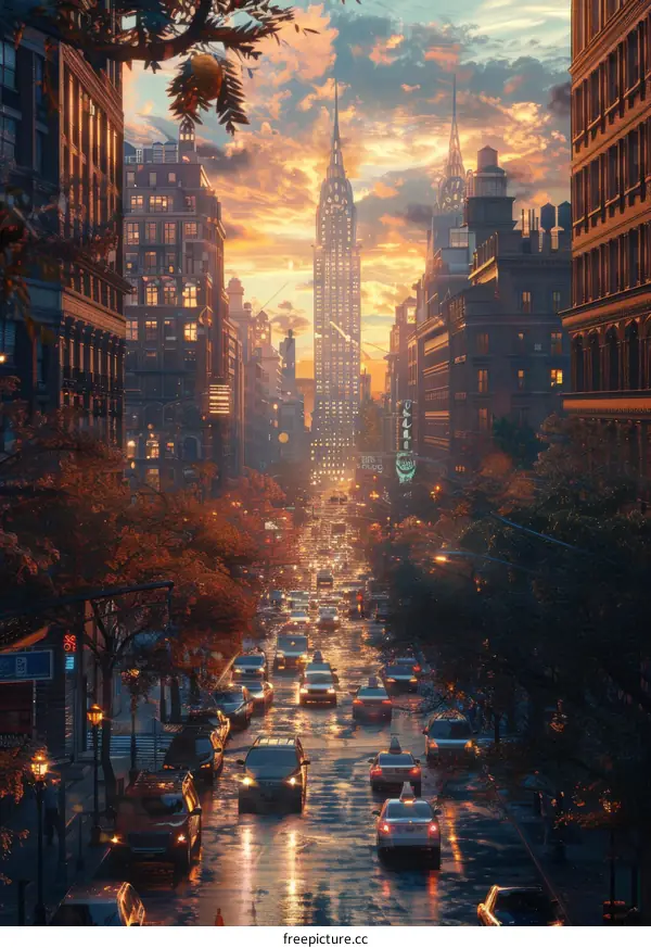 Rainy Cityscape Evening View with Skyscrapers