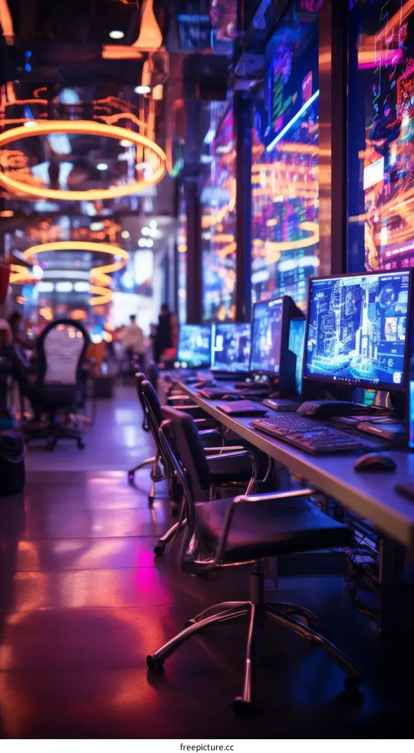 Futuristic gaming room with neon lights and empty chairs