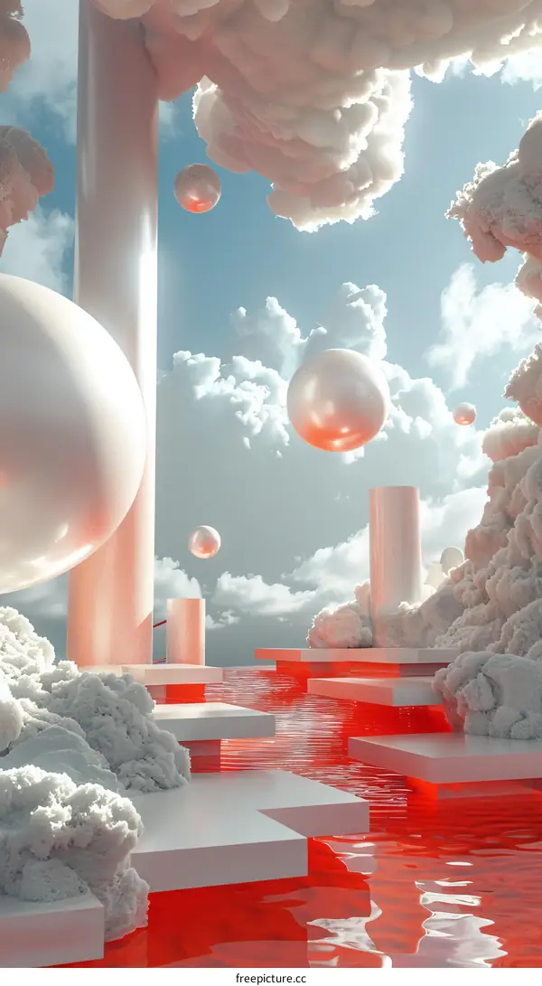 Abstract Futuristic Floating Structures in a Red Liquid Landscape