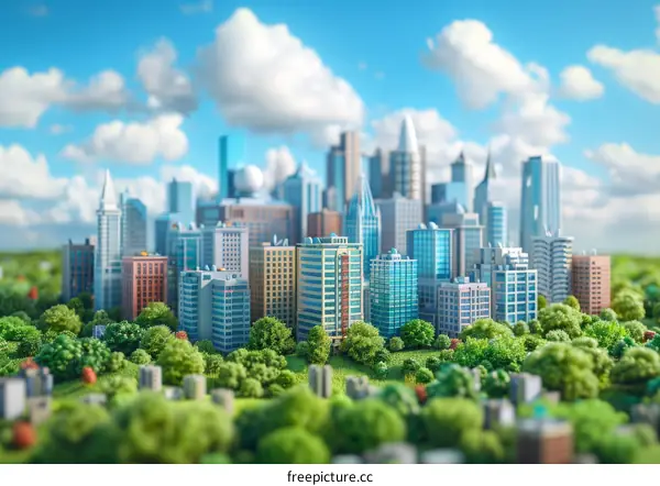 Miniature Cityscape with Green Parks and Blue Sky