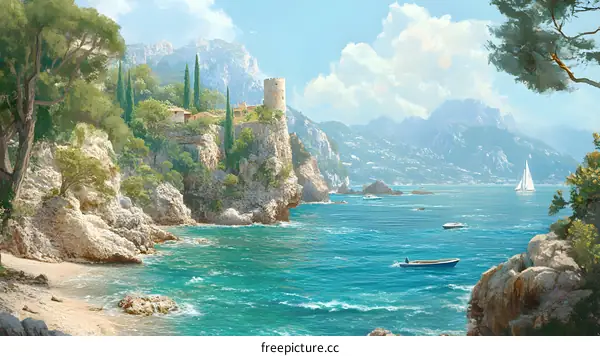Beautiful Seascape Painting with Mountain and Tower