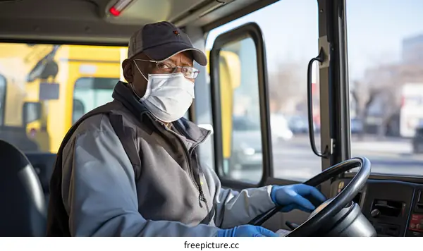 Black man wearing a mask and gloves driving a bus