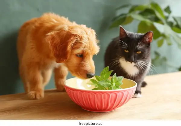 Puppy and Kitten Eating Mint