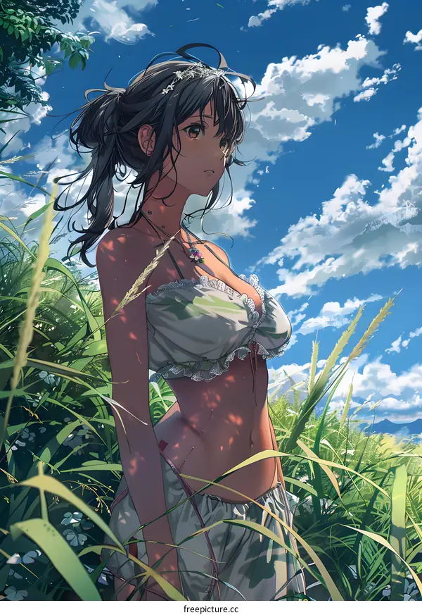 An anime girl with long brown hair standing in a field of tall grass