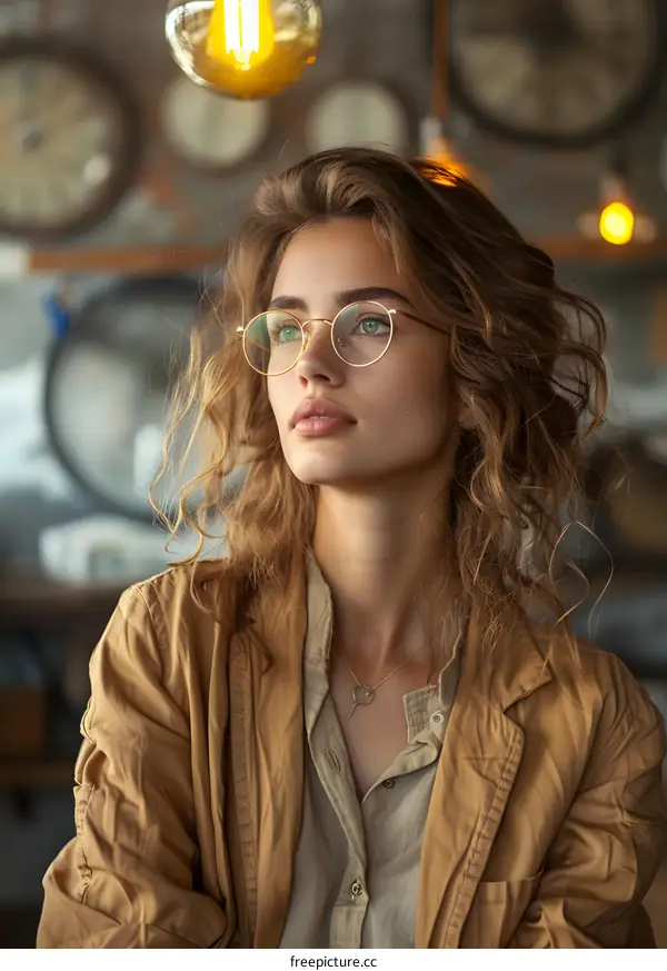 portrait of a beautiful young woman with glasses looking away