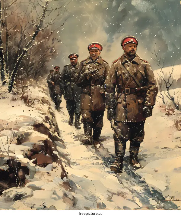 Russian Civil War Red Army soldiers on the march in the snow