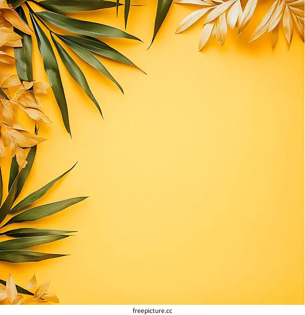 Tropical Leaves on Yellow Background Minimalist Photography