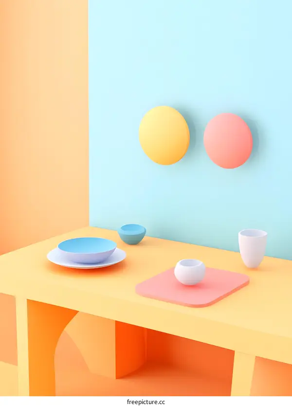 Minimalist 3D Render of Pastel Colored Geometric Shapes on Tabletop