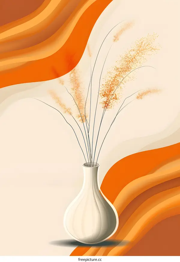 White Vase with Dried Flowers and Orange Abstract Background