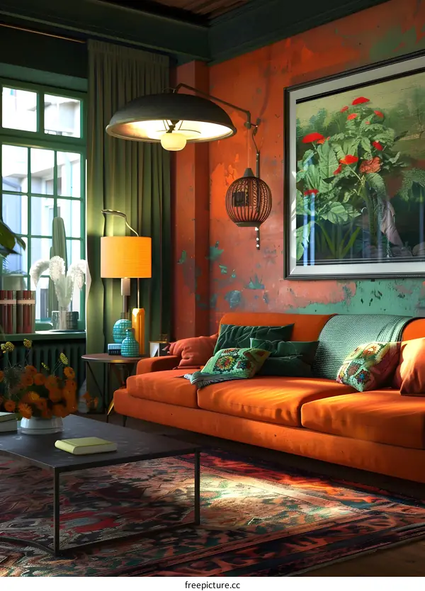 Living Room Interior Design with Orange Sofa and Green Accents