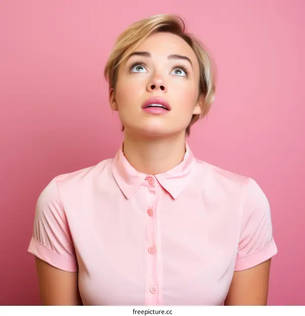 A blonde woman in a pink shirt looks up in surprise