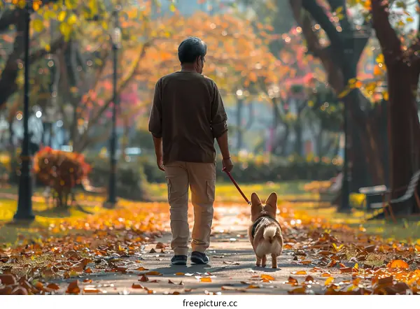 A man walking his dog in the park