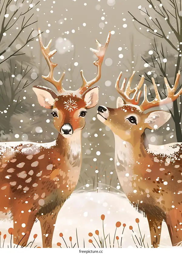 Two Reindeer in Snowy Forest
