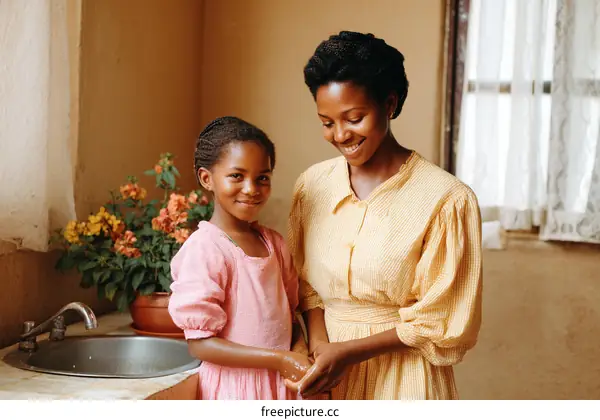 Mother and Daughter Washing Hands in a Home Kitchen