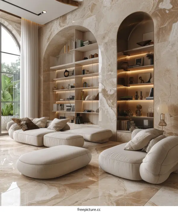 Elegant Living Room Design With Marble Walls and Arched Bookshelves