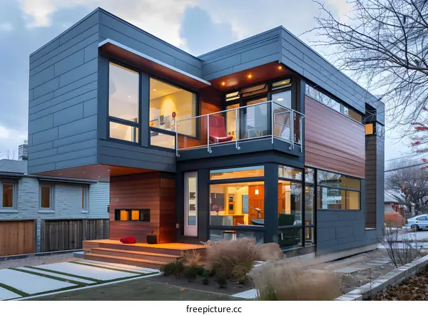 Modern Home Exterior With Large Windows And Wood Siding