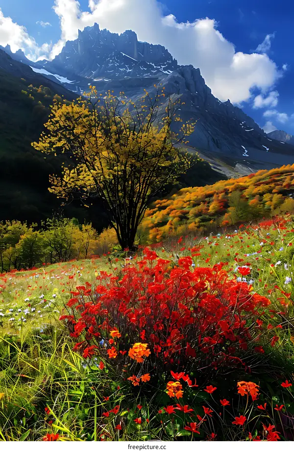 Autumn Mountain Landscape With Red Flowers
