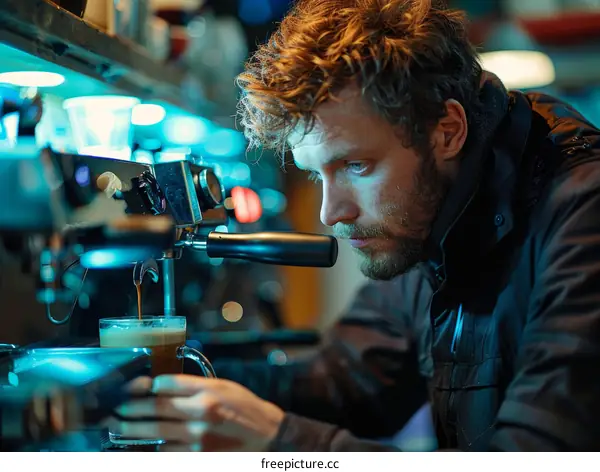 Barista making coffee with concentration