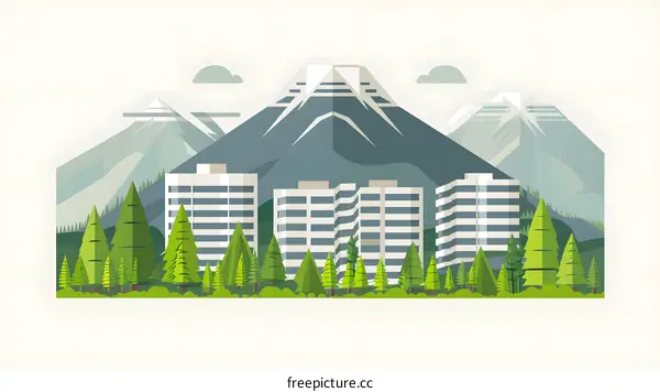 Mountain Landscape With City Buildings And Green Trees