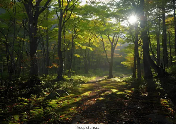 Sunbeams Through The Forest Canopy In Autumn