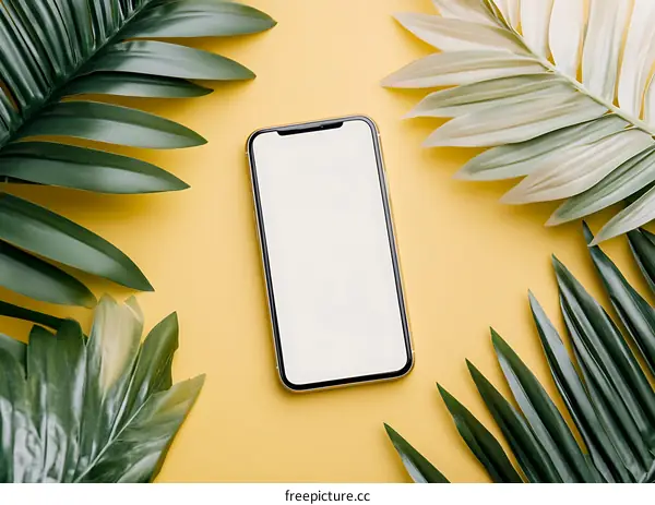 Smartphone Mockup with Tropical Leaves on Yellow Background