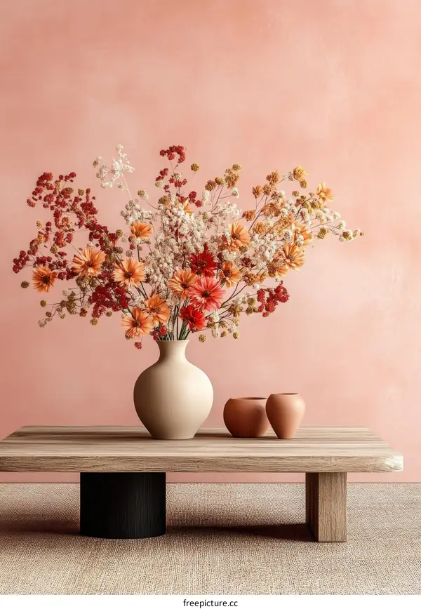 Autumnal Flower Arrangement on a Wooden Coffee Table