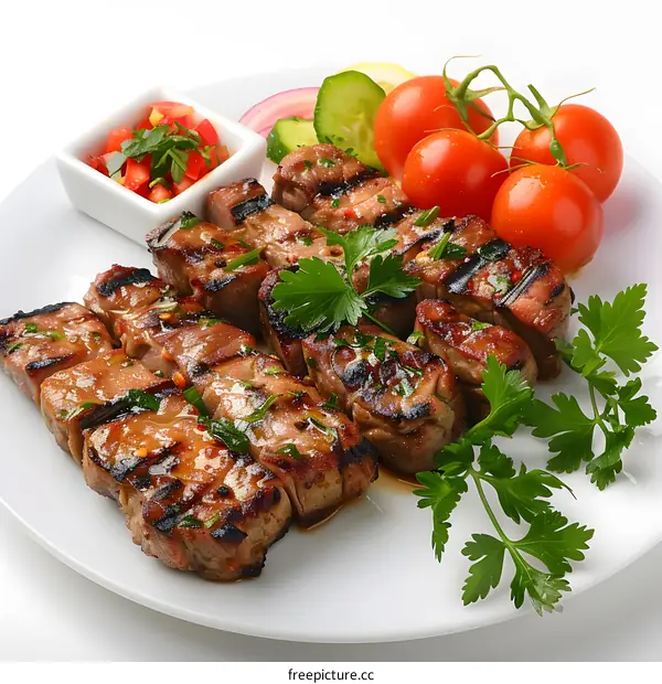 Grilled Meat with Fresh Parsley and Tomatoes on White Plate