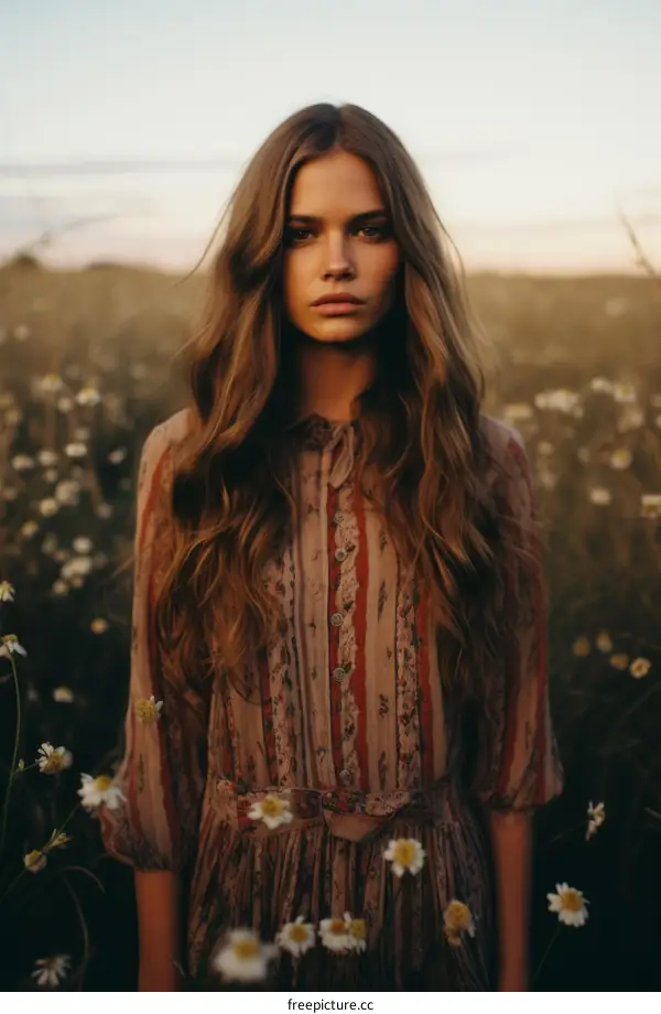 Portrait of a beautiful young woman standing in a field of flowers