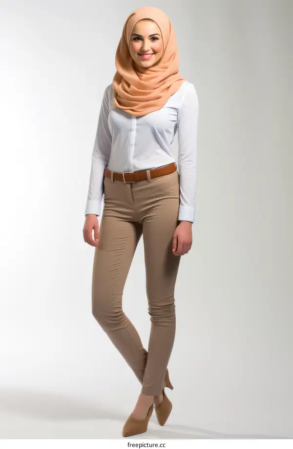 A young woman wearing a head scarf, white blouse, and brown pants.