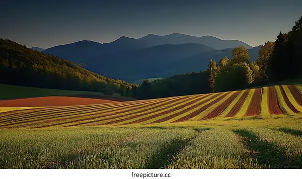 Scenic Landscape of Cultivated Fields and Mountains