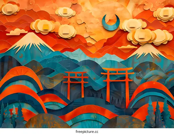 Vibrant illustration of a Japanese landscape with mountains, clouds, and a torii gate
