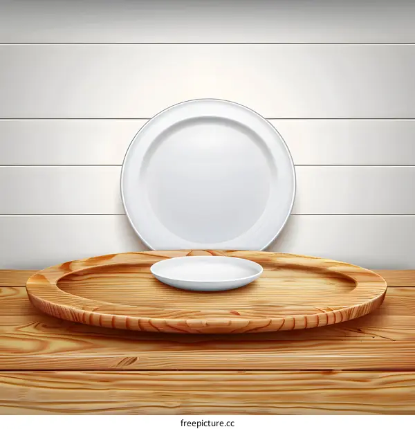 White Plate and Wooden Tray on White Wood Background
