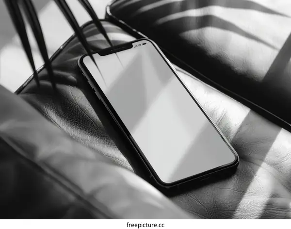 Black and white photo of a leather chair with a smartphone on it