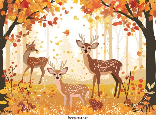 Three Cute Deers In The Autumn Forest