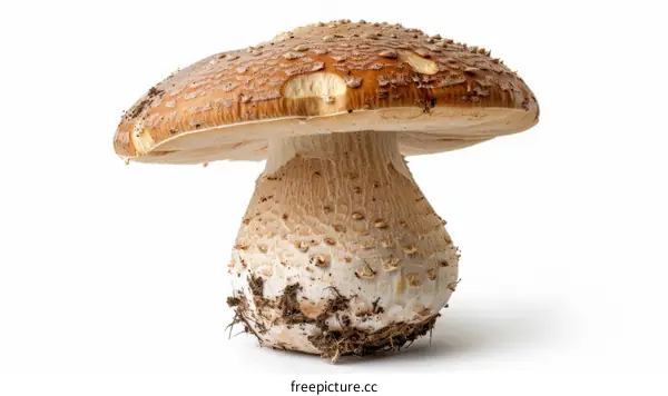 Close-up photo of a large brown mushroom with a white stalk