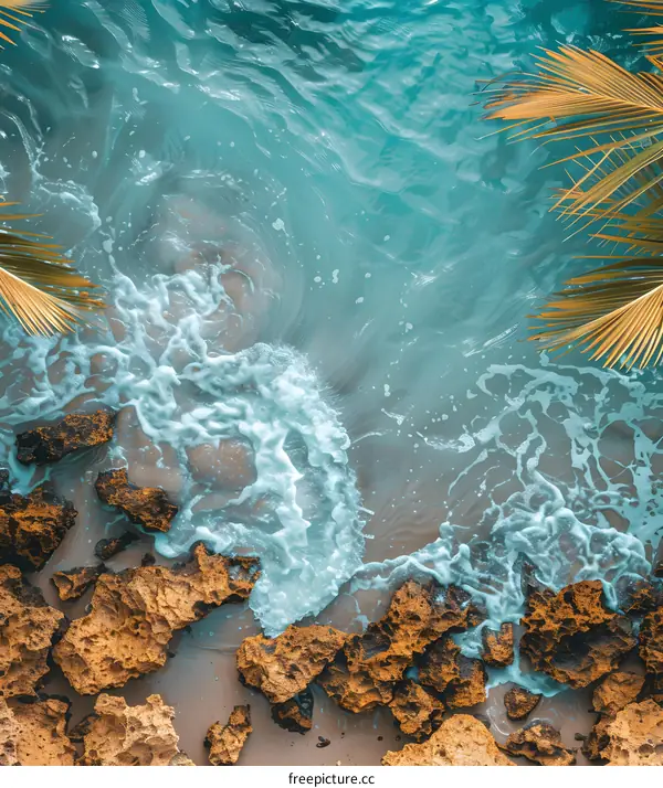 Tropical Beach Waves Palm Leaves Overhead Aerial View