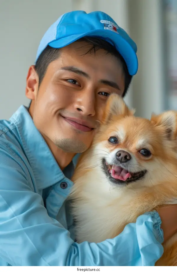 Asian man hugging a Pomeranian dog