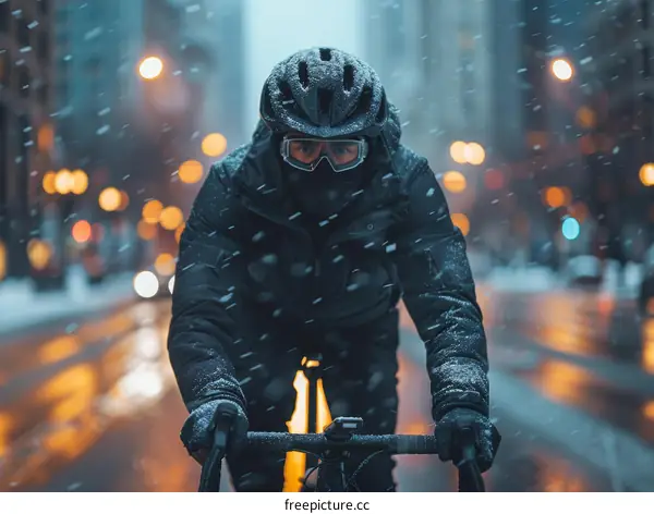A cyclist rides through a snowy city street
