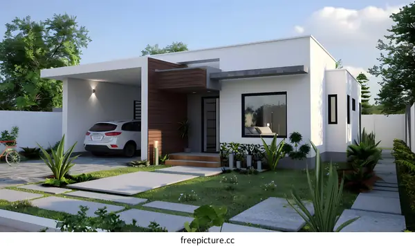 Modern House Design With Front Yard And Garage